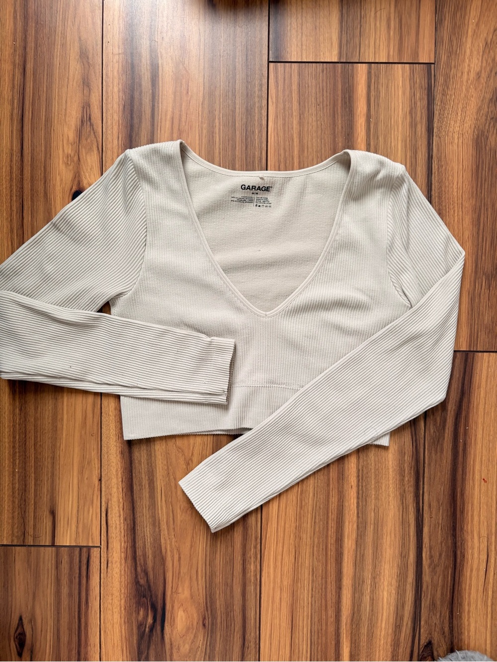 Garage Cream Ribbed V-Neck Long Sleeve Crop Top